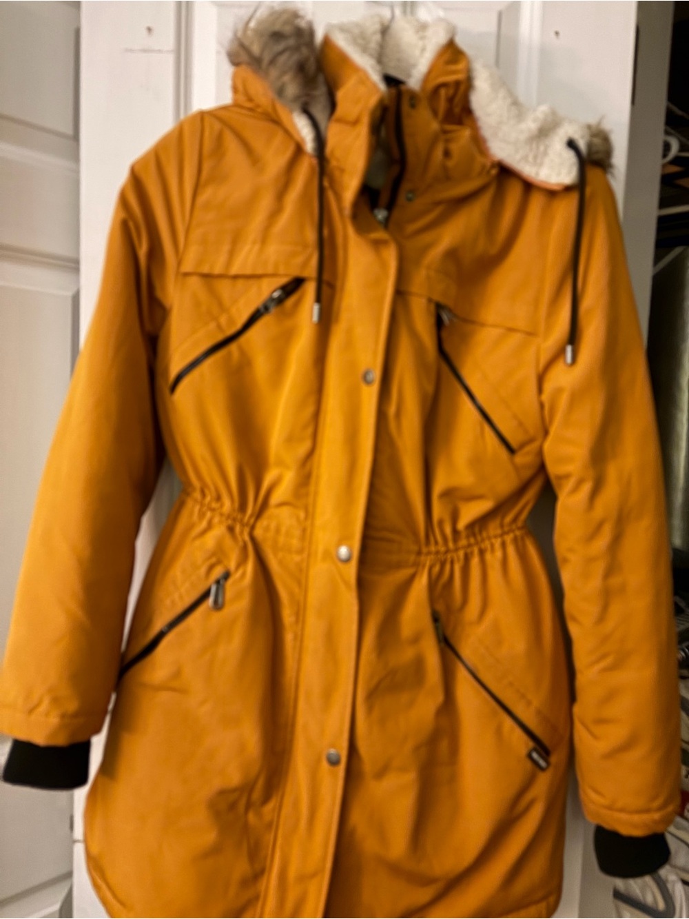 Nine West Mustard Yellow Puffer Parka with Faux-Fur Trim